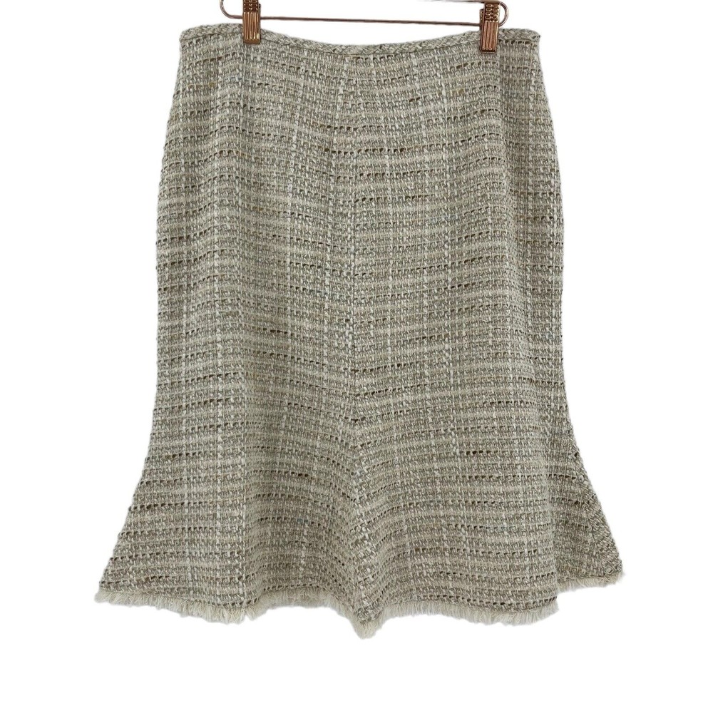 Anne Klein Womens Beige Peplum Knee Length Tweed Suit Skirt Fringe Hem Size 8